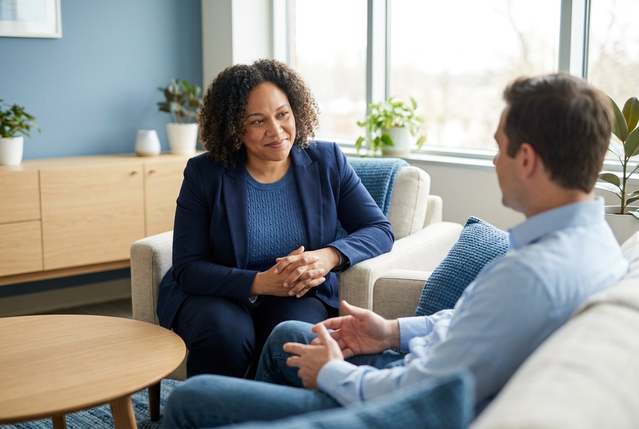 A Serene Health psychiatric provider listening attentively during a consultation